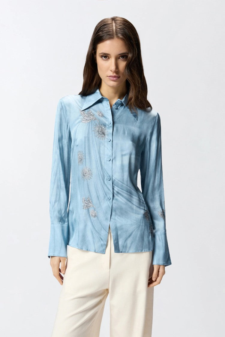 Pinko Blue Crystal Floral Embroidery Viscose Satin Shirt