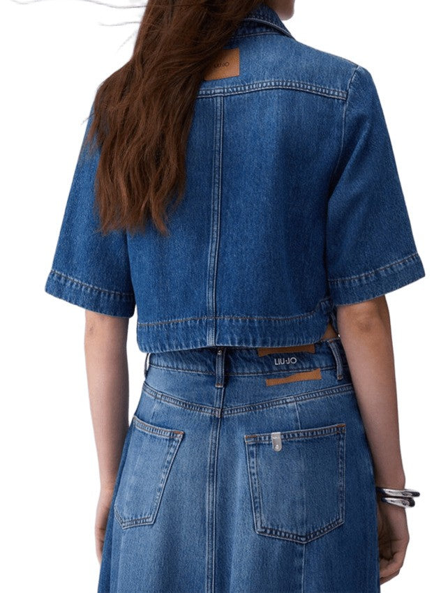 Liu Jo Boxy Cropped Denim Shirt With Logo Patch