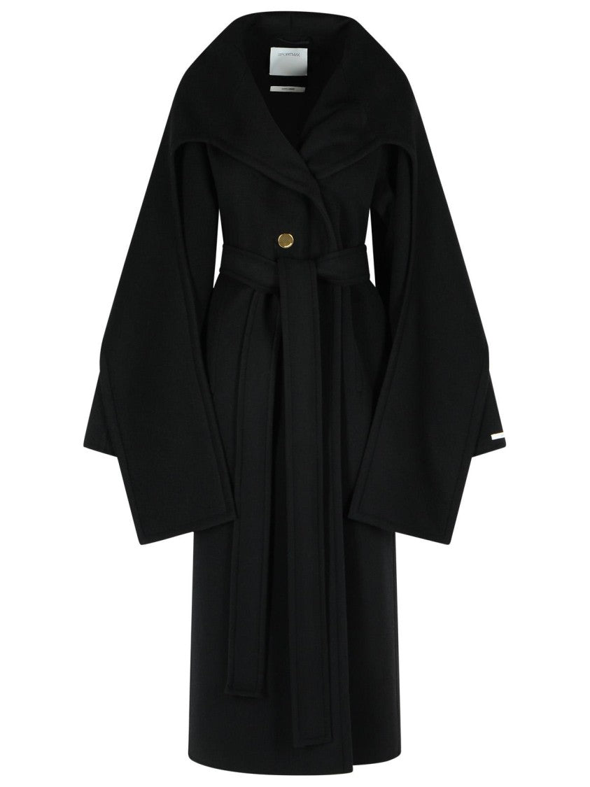 Sportmax Black Virgin Wool Coat With Scarf Neckline