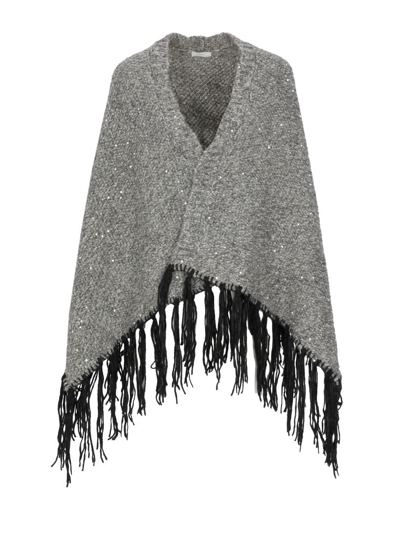 Peserico Textured Grey Cape With Lurex Motif And Fringed Hem