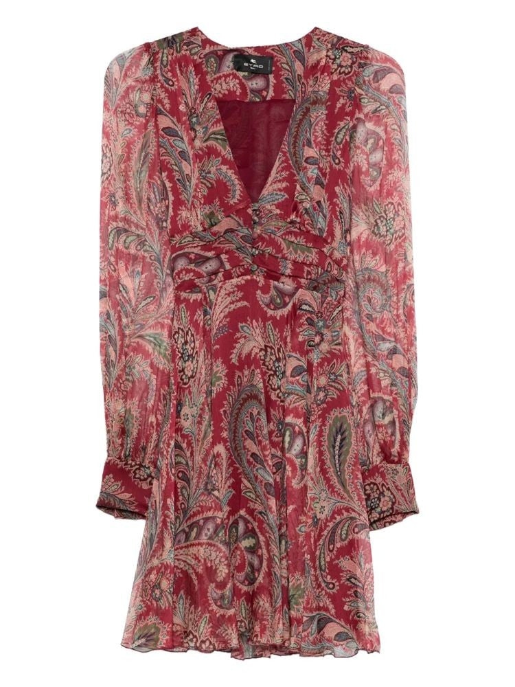 Etro Intricate Multicolor Paisley Mini Dress With Puff Sleeves