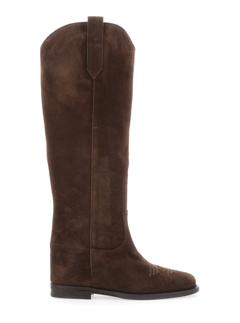Via Roma 15 Tall Brown Suede Boots With Subtle Stitching