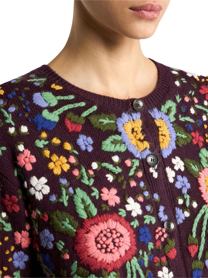 Etro Cropped Burgundy Floral Embroidered Cardigan