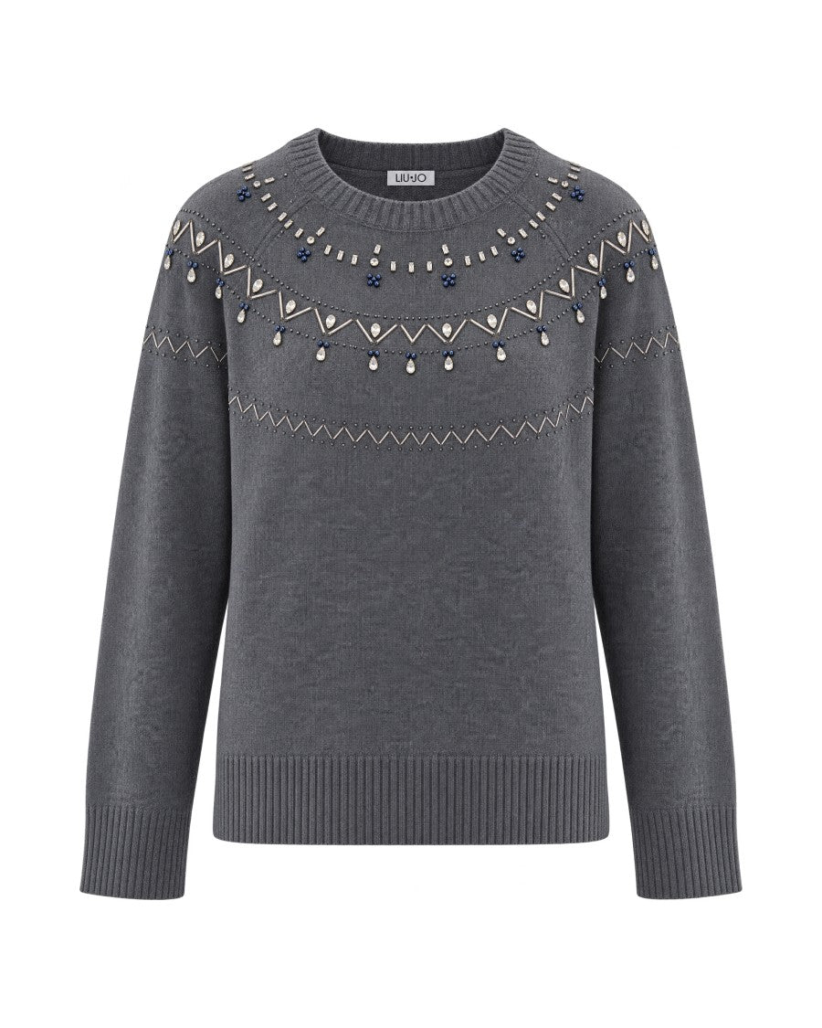 Liu Jo Gray Melange Crystal Embellished Wool Sweater