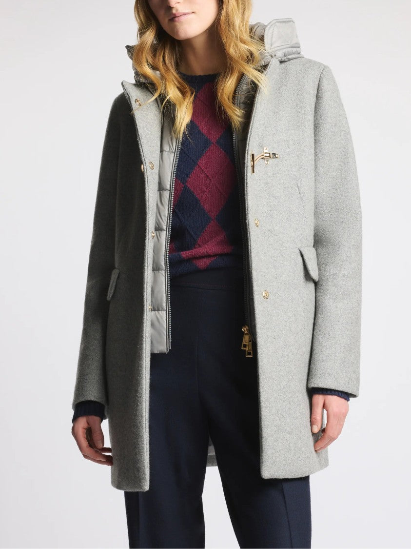 Fay Tailored Grey Coat With Quilted Hood And Gold-Tone Toggle
