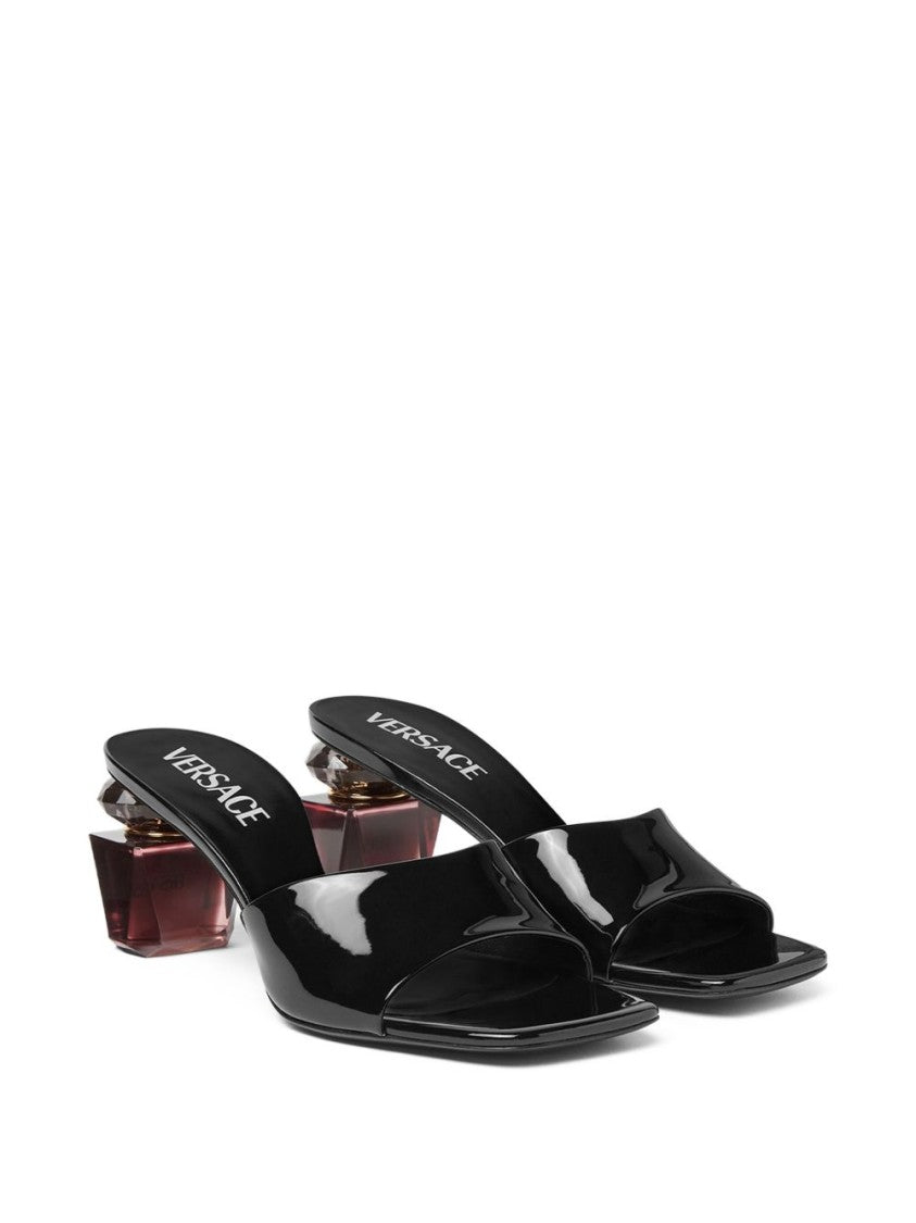 Versace Black Sculpted Heel Branded Leather Sandals