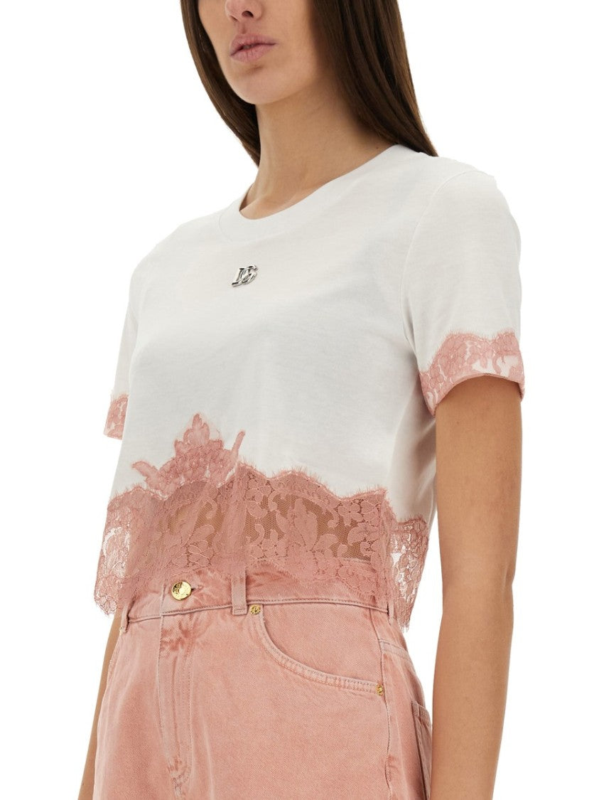 Dolce & Gabbana Cropped Jersey T-Shirt With Lace Inserts