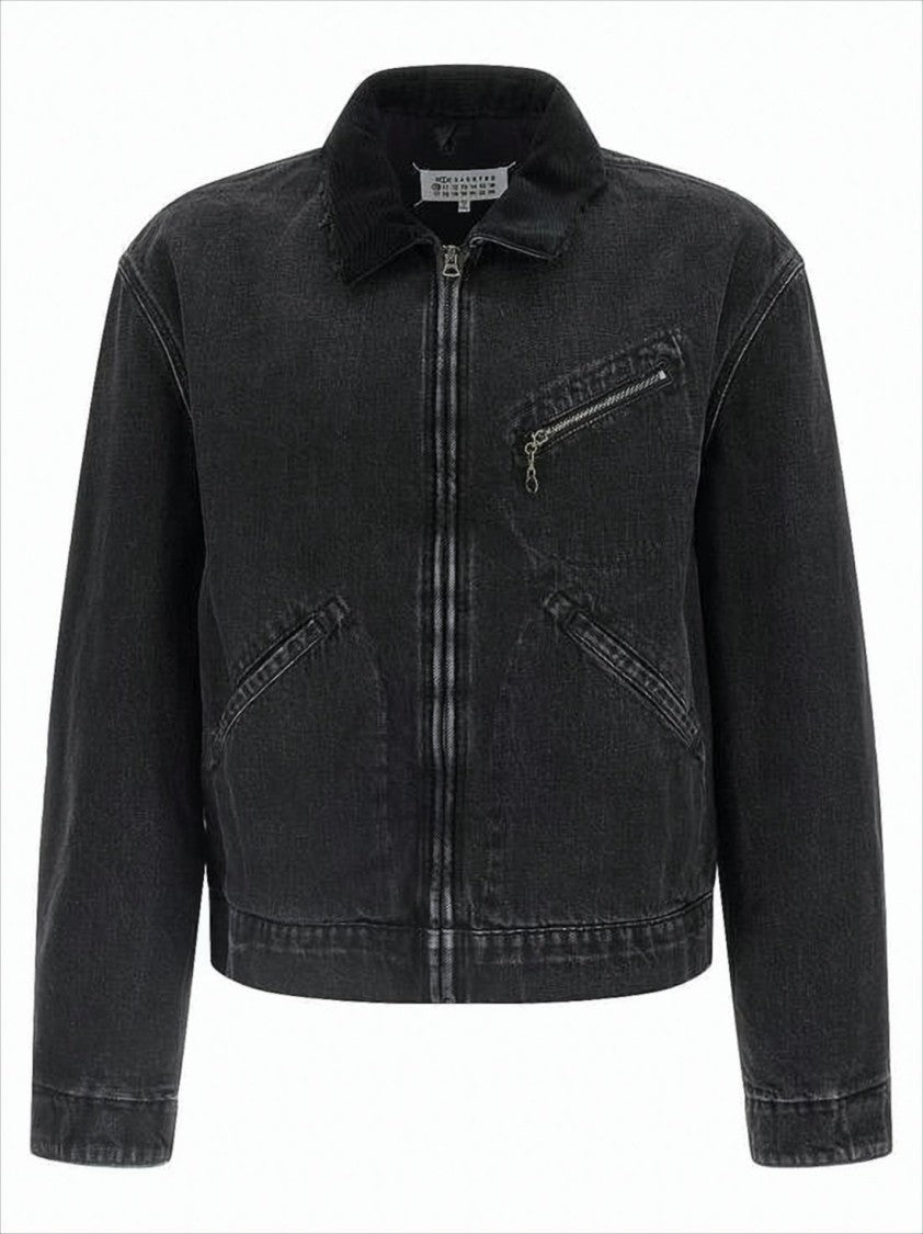 Maison Margiela Cropped Black Denim Jacket With Ribbed Collar