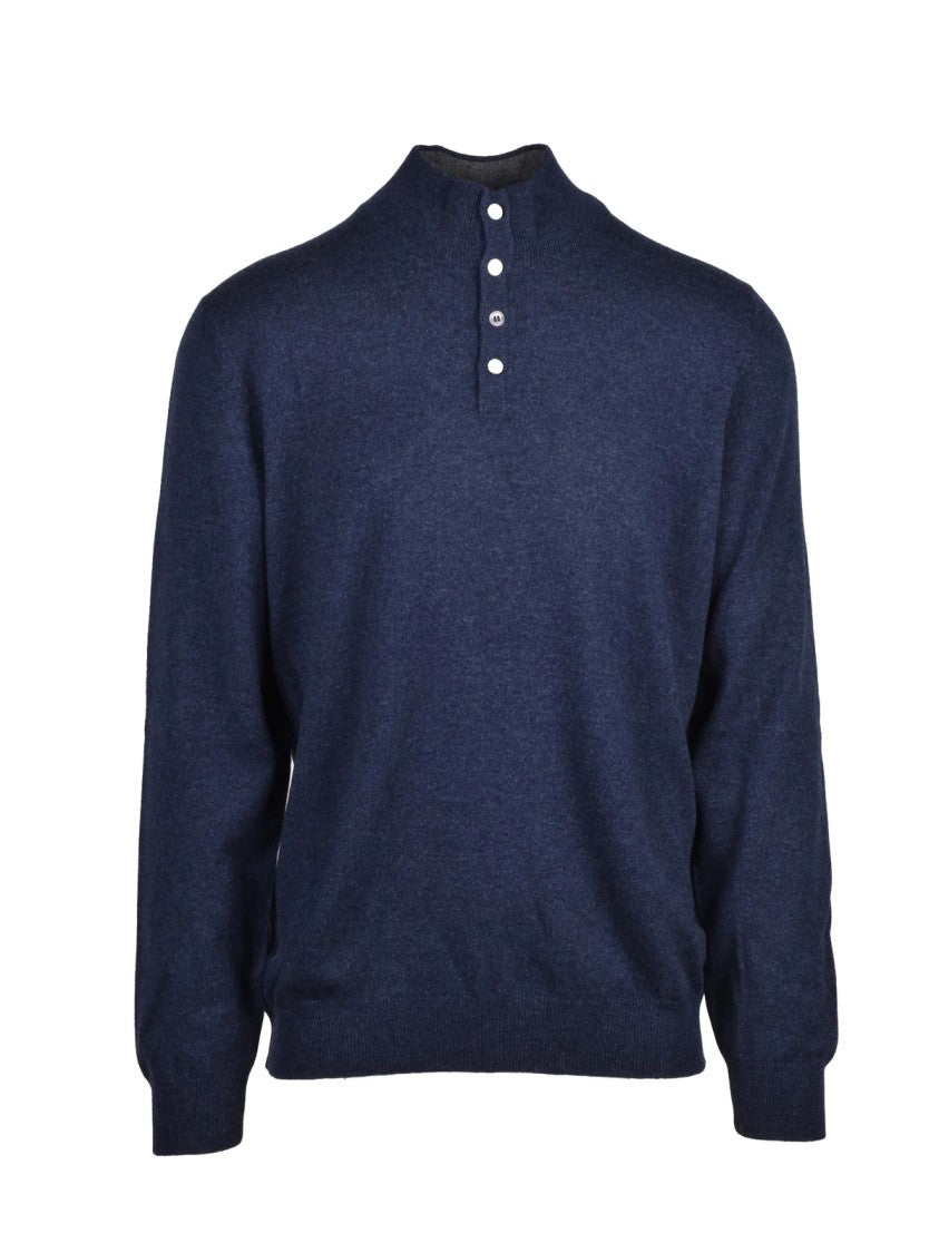 Vengera Blue Wool-Blend Button Mock Neck Sweater