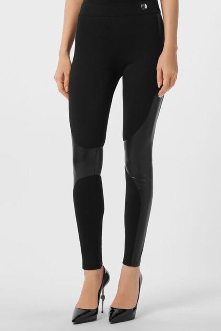 Philipp Plein Black Glossy Faux-Leather Panel Viscose-Blend Leggings