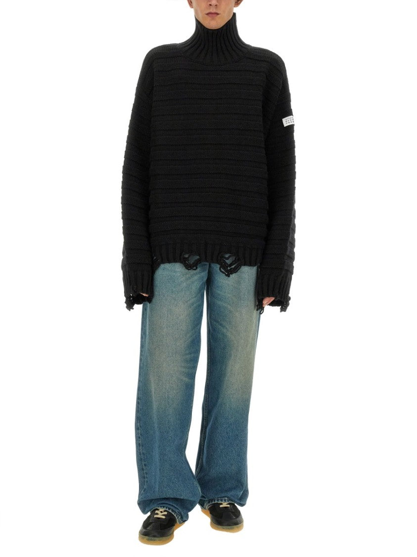 Mm6 By Maison Margiela High Neck Textured Knit Sweater With Distressed Details