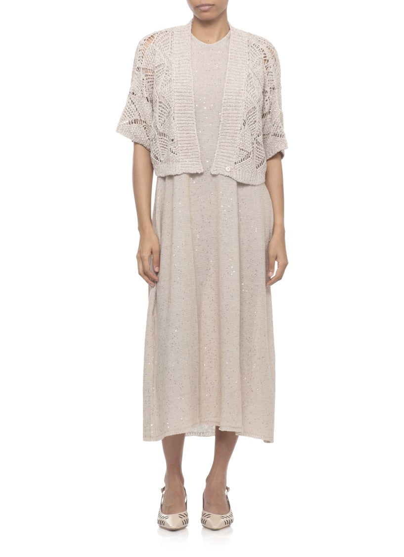 Antonelli Firenze Beige Midi Dress With Sequined Embellishments And Relaxed Silhouette