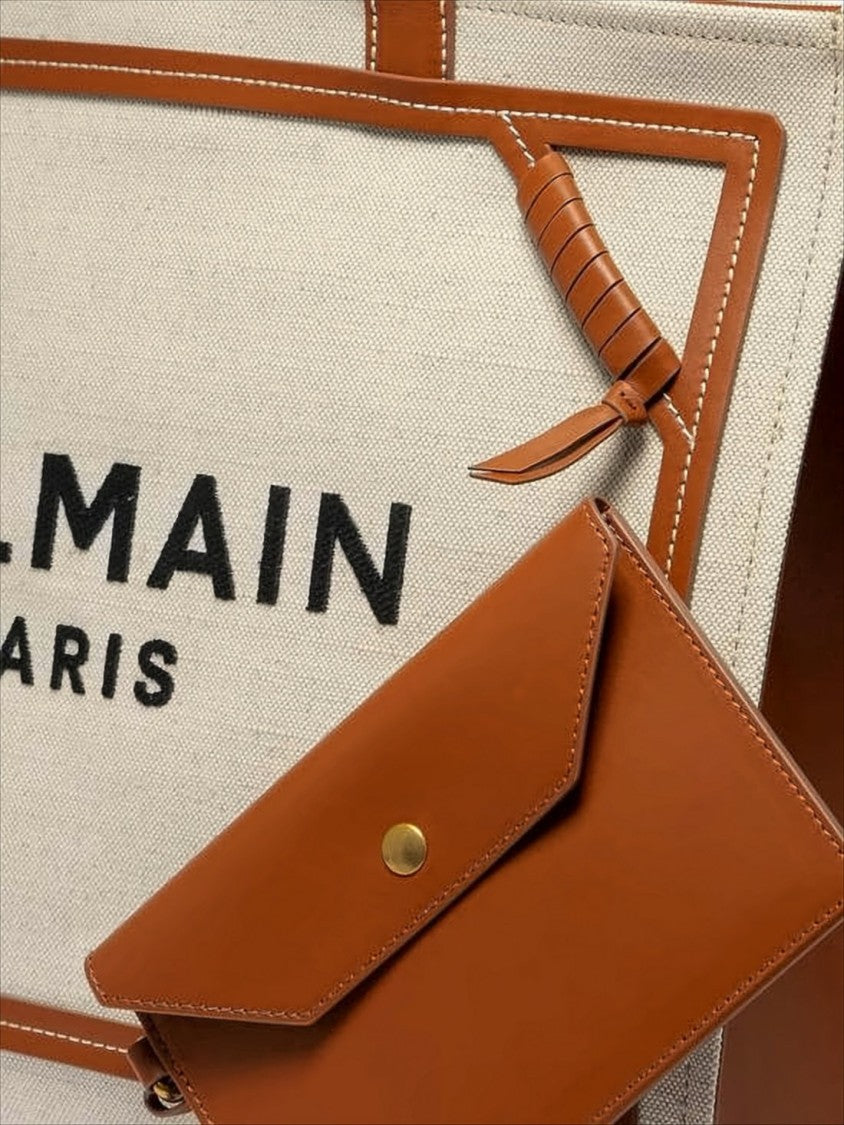 Balmain Structured Canvas Tote With Leather Trim
