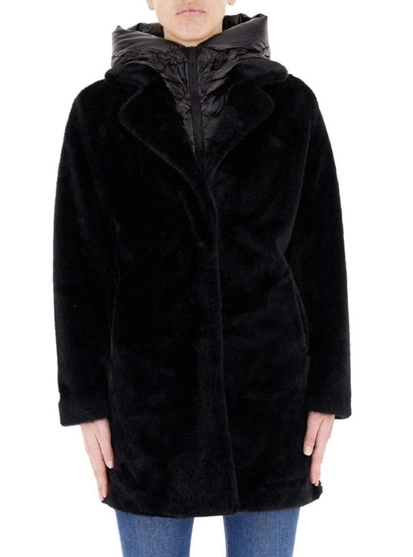 Bomboogie Black Single-Breasted Faux Fur Hooded Jacket