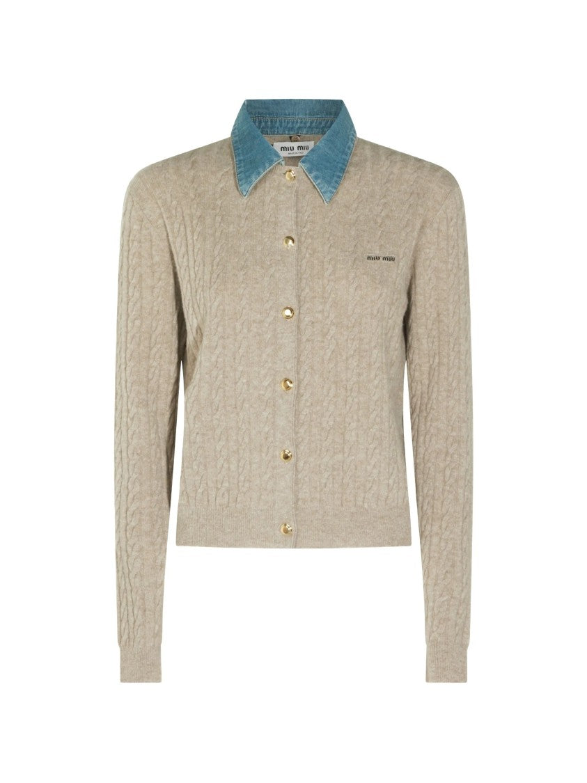 Miu Miu Cable Knit Wool Cashmere Cardigan With Denim Collar