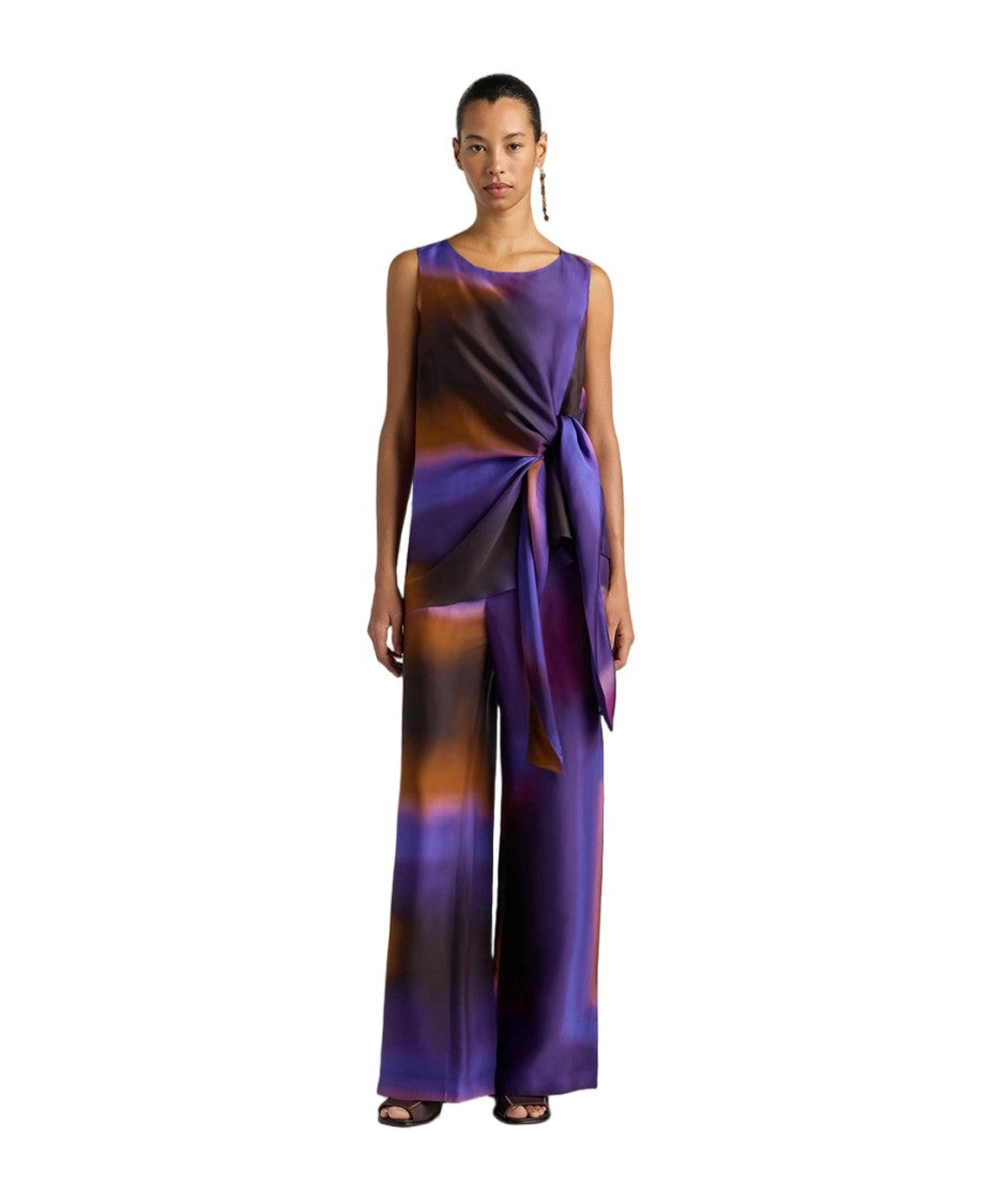 Momonì Viscose Satin Torchon Waist Print Sleeveless Blouse