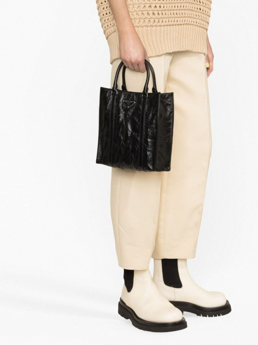 Prada Logo-Plaque Crinkle-Effect Tote Bag