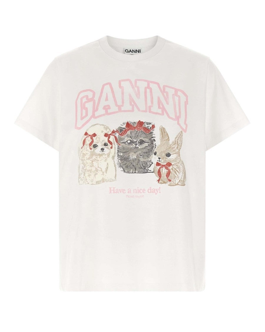 Ganni Animals Print Bright White T-Shirt