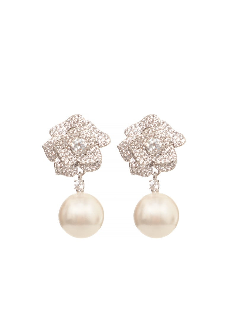 Self-Portrait Rose-Shaped Crystal And Pearl Earrings With Pressure Closure