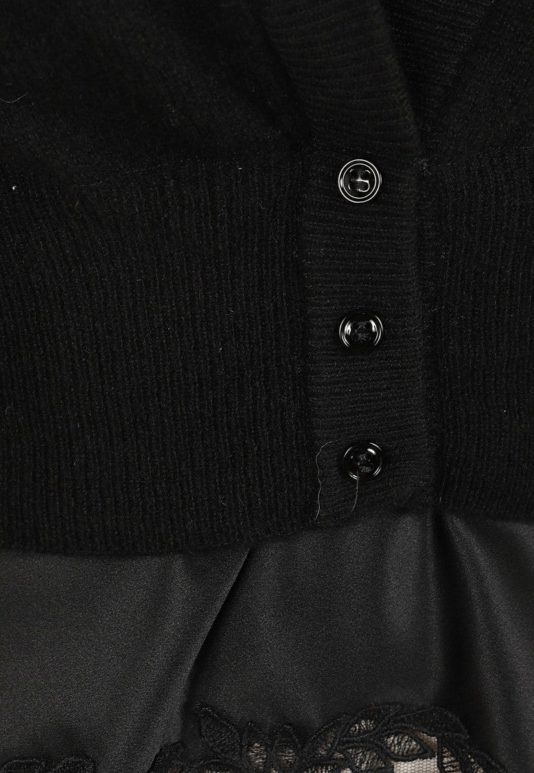 Ermanno Scervino Layered Black Cashmere Cardigan With Floral Lace Trim