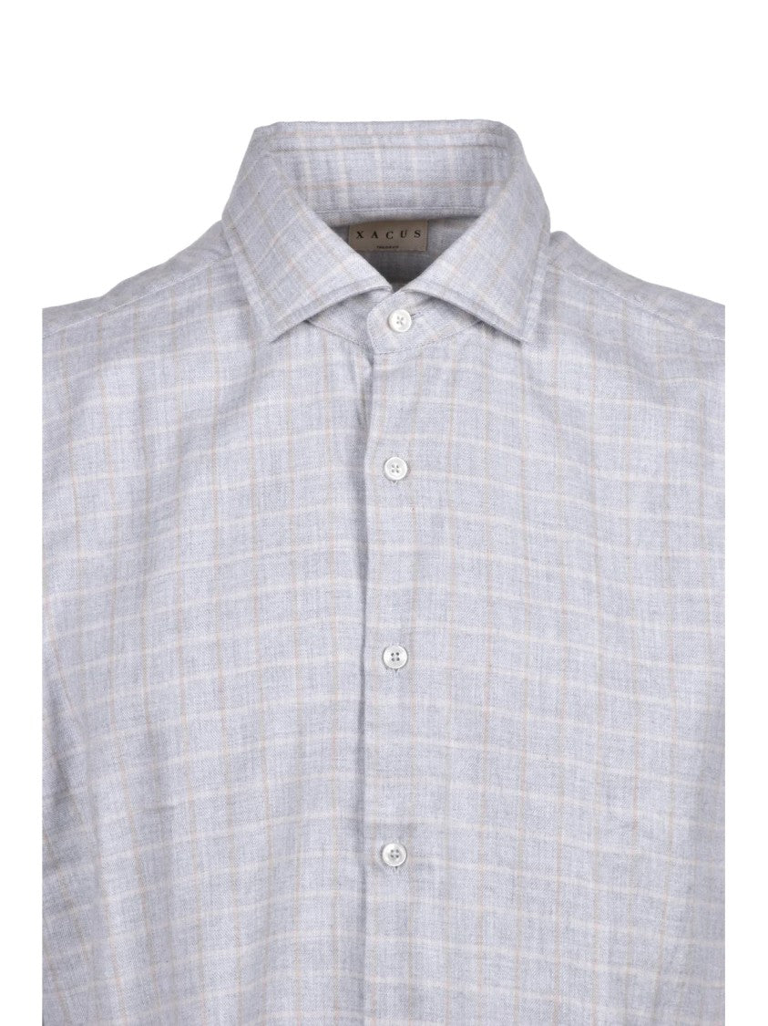 Xacus Light Grey Checkered Cotton-Blend Flannel Shirt
