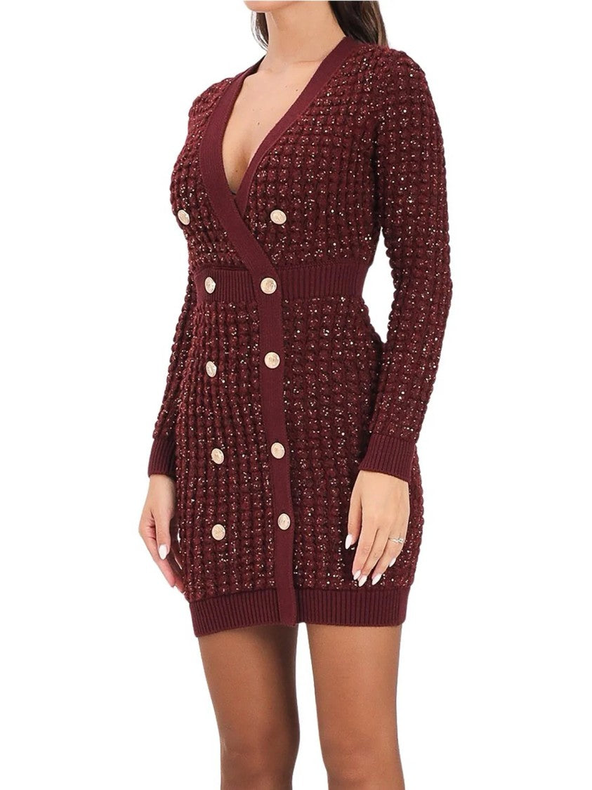 Elisabetta Franchi Textured Knit Fitted Dress With Deep V-Neckline
