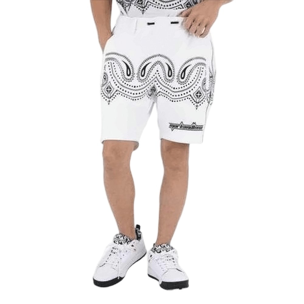 Mark&Lona Tailored Mid-Thigh Shorts With Bold Black Paisley Pattern