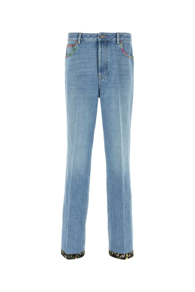 Valentino Garavani Light-Wash Denim Jeans With Floral Embroidery