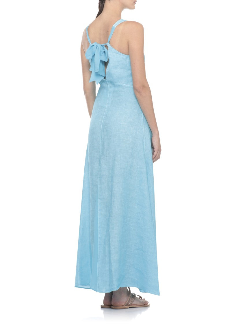 120% Lino Light Blue Linen Maxi Dress With Silk Accents