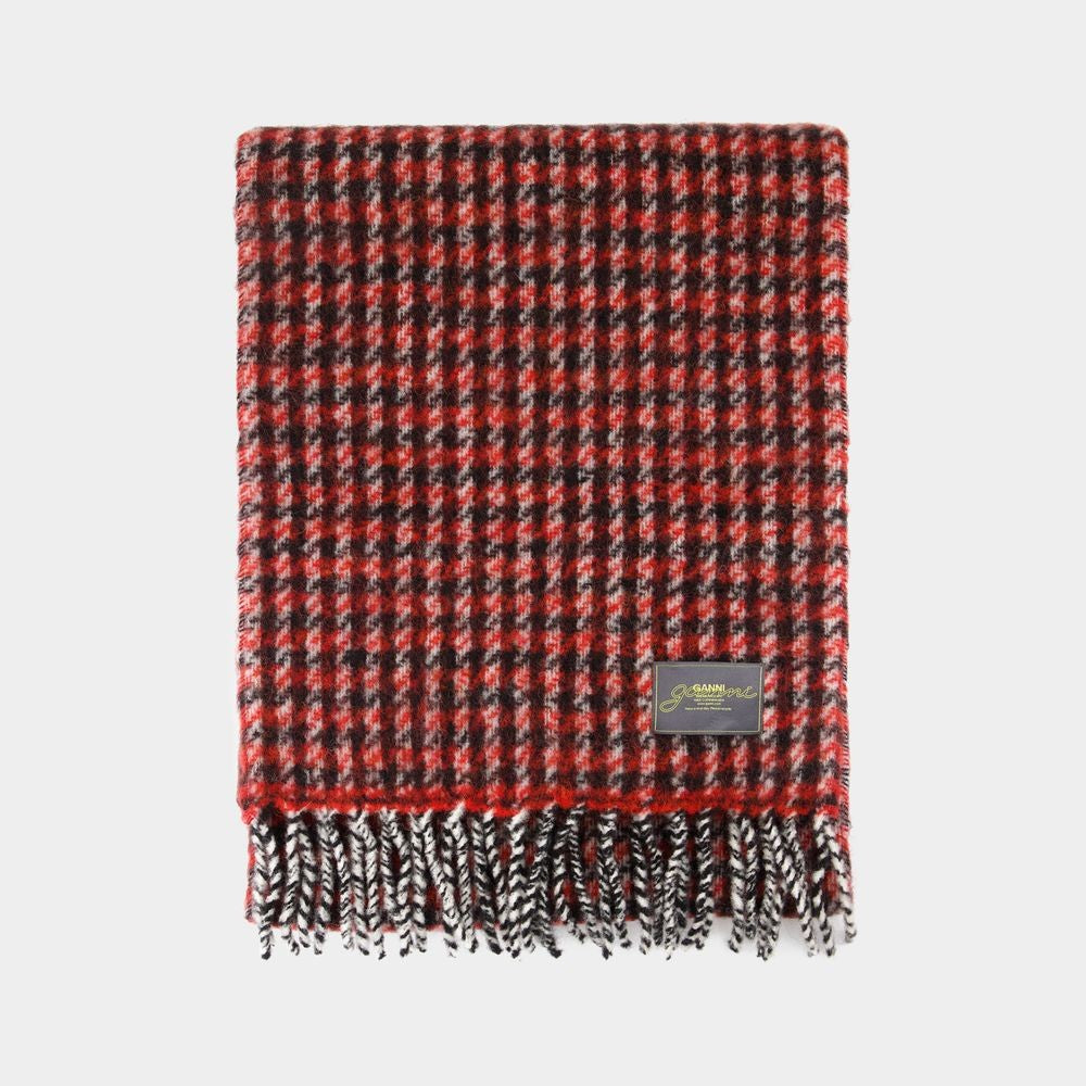 Ganni Fringed Synthetic Scarf In Houndstooth Pattern