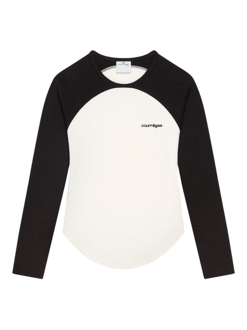 Courrèges Long-Sleeved Contrast T-Shirt With Rounded Hem And Logo Print