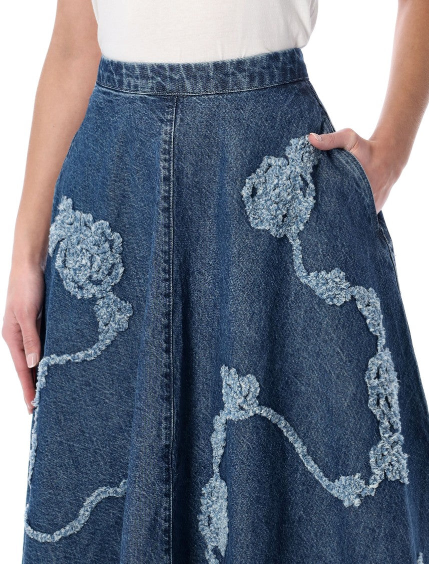 Rotate Floral Denim Midi Skirt