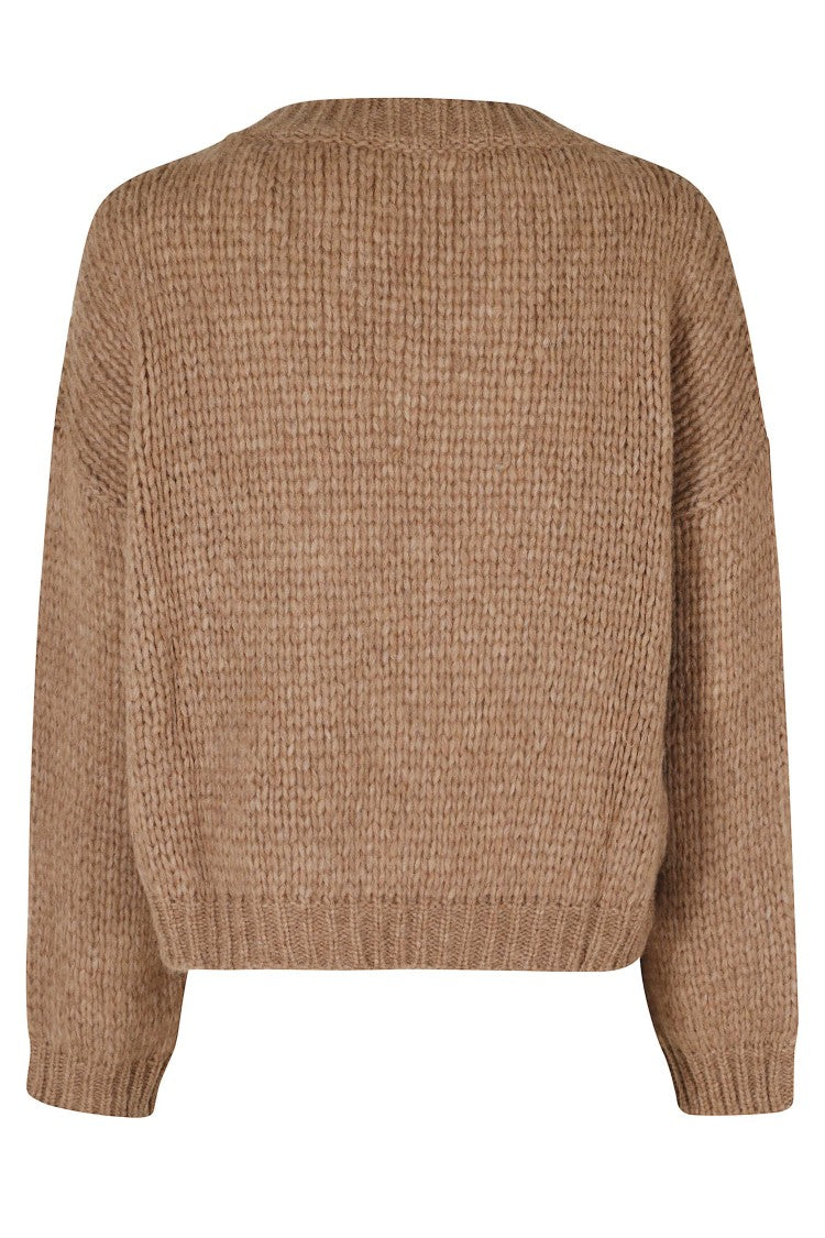 Roberto Collina Chunky Knit Camel V-Neck Sweater With Ribbed Trim