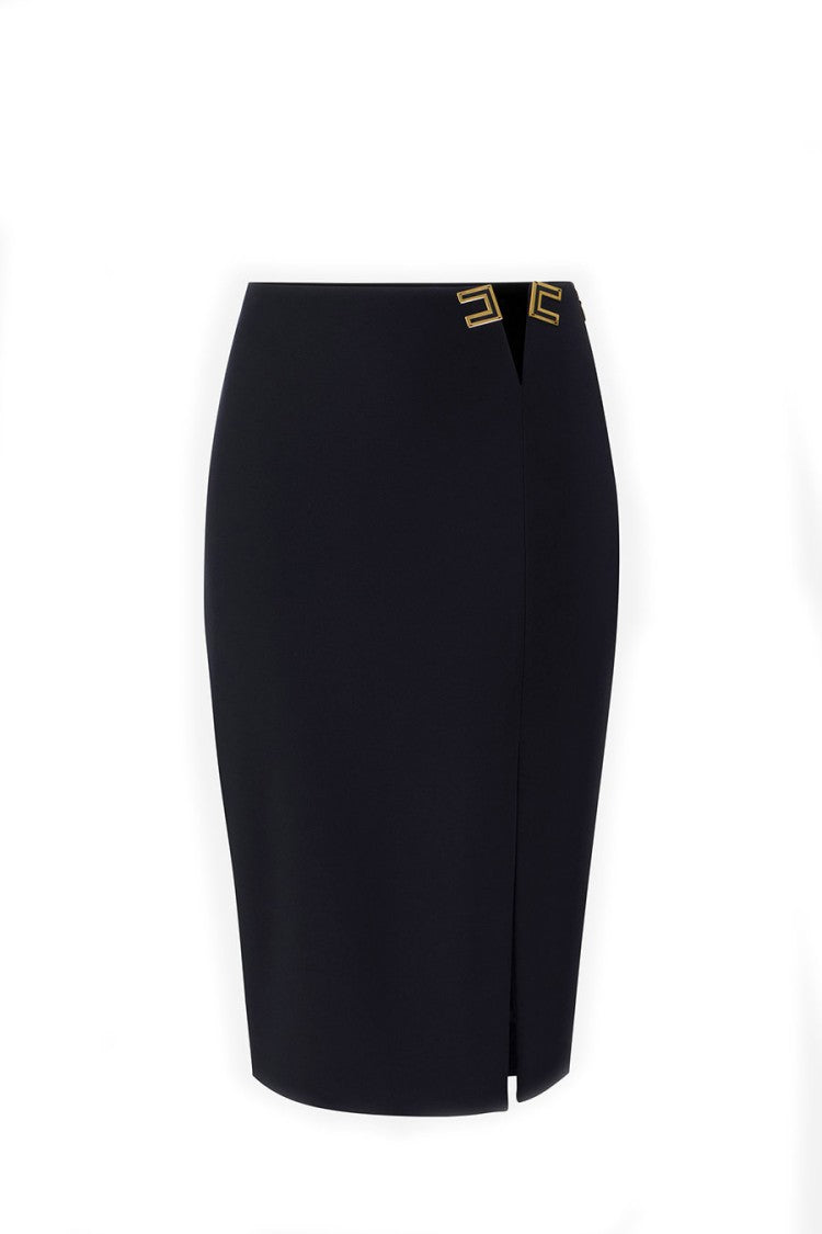 Elisabetta Franchi Black High-Waist V-Cut Logo Hardware Polyamide-Blend Pencil Skirt