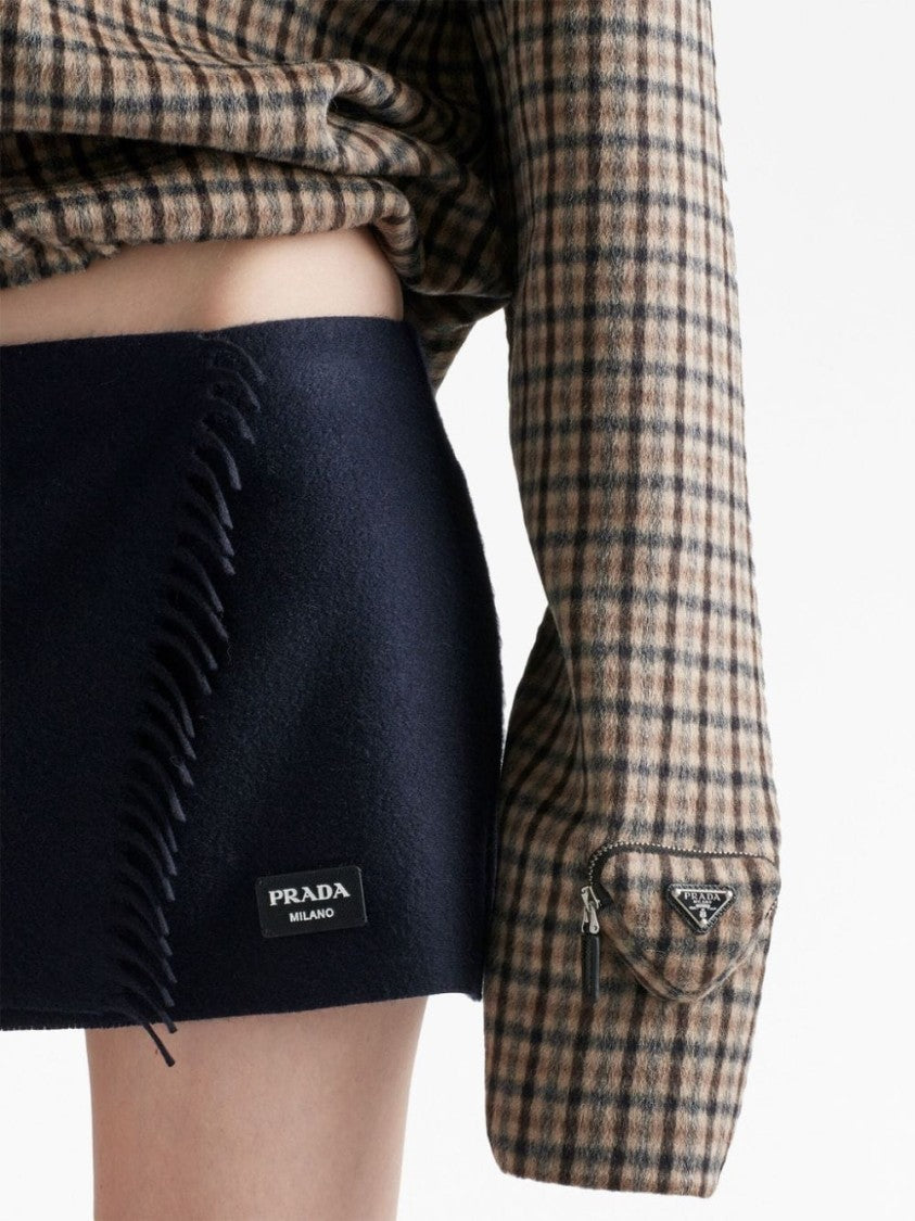 Prada Check Pattern V-Neck Angora-Virgin Wool Blend Top