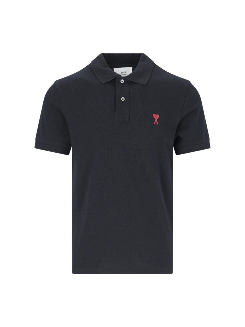 Ami Paris Minimalist Black Polo Shirt With Crew Neckline