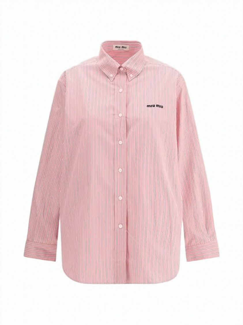 Miu Miu Pointed Collar Cotton Shirt With Vertical Stripes And Logo Detail