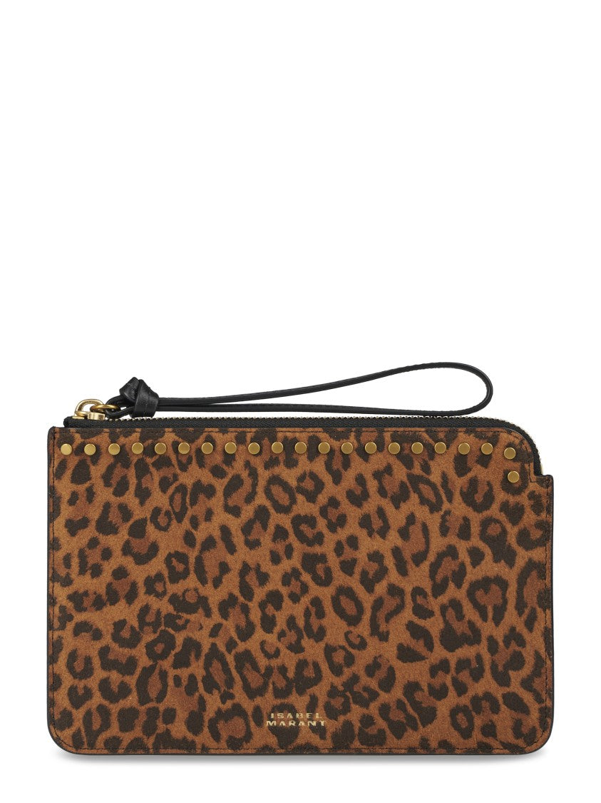 Isabel Marant Leopard Print Flat Pouch With Gold Studs And Wrist Strap