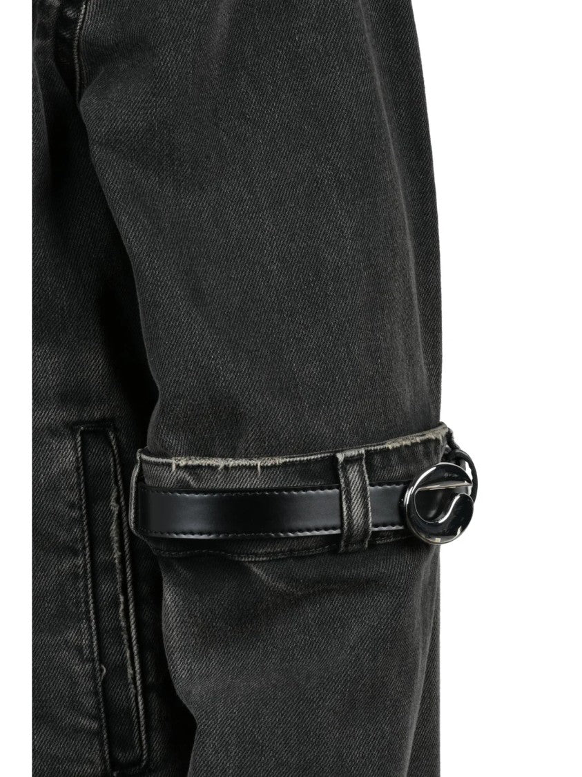 Coperni Cropped Black Denim Jacket With Leather Strap Details