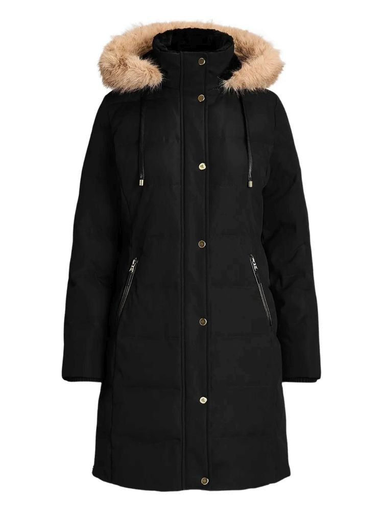 Lauren Ralph Lauren Black Faux-Fur Hood Long Padded Polyester Jacket