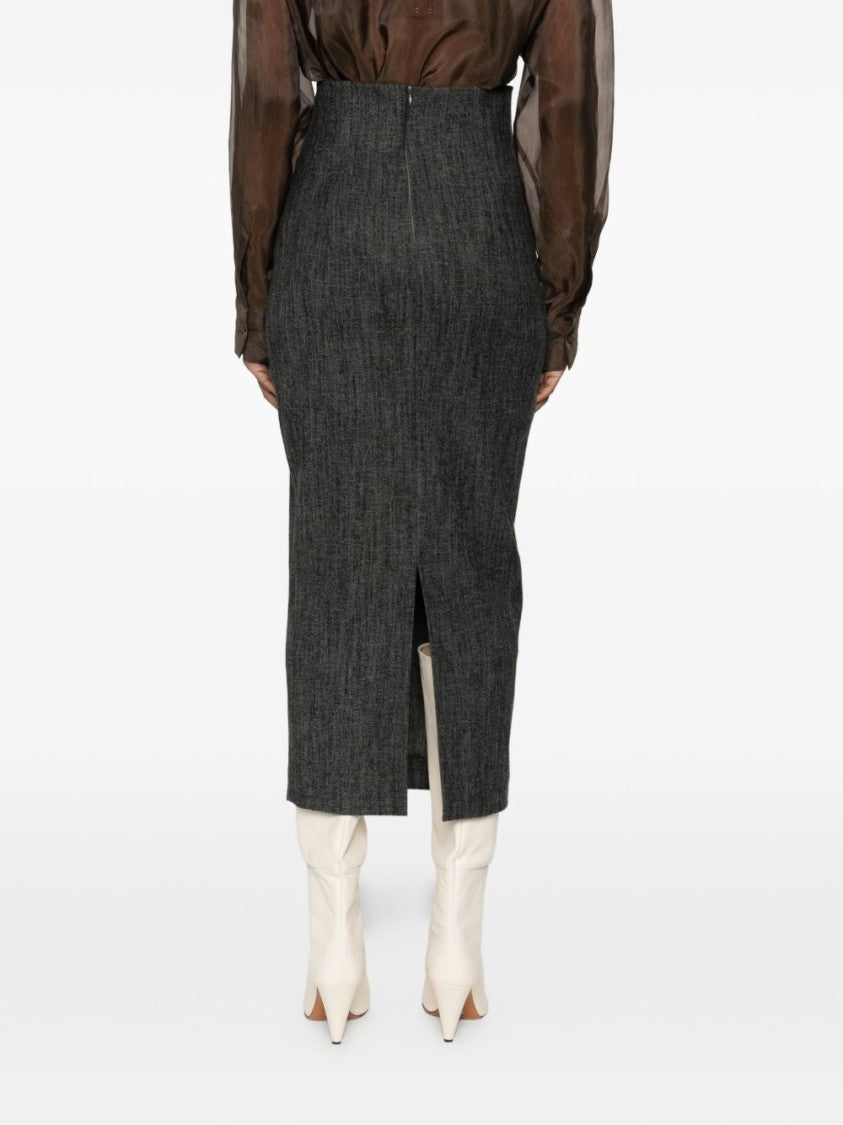 Alberta Ferretti Textured Black Wool Blend Midi Skirt
