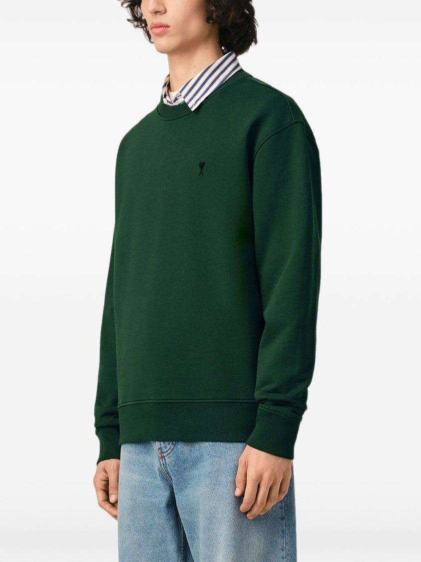Ami Paris Deep Green Sweater With Classic Crew Neckline