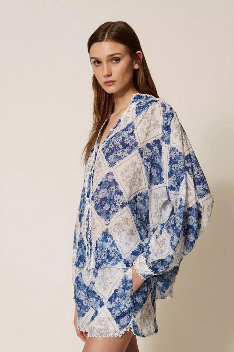 Twin-Set Blue Ramie Diamond-Patchwork Floral-Print Blouse