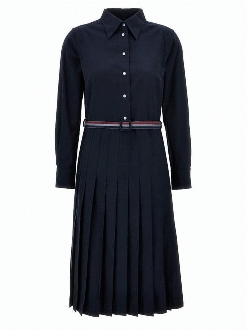 Thom Browne Pleated Midi Dress With Classic Collar And Waist Belt