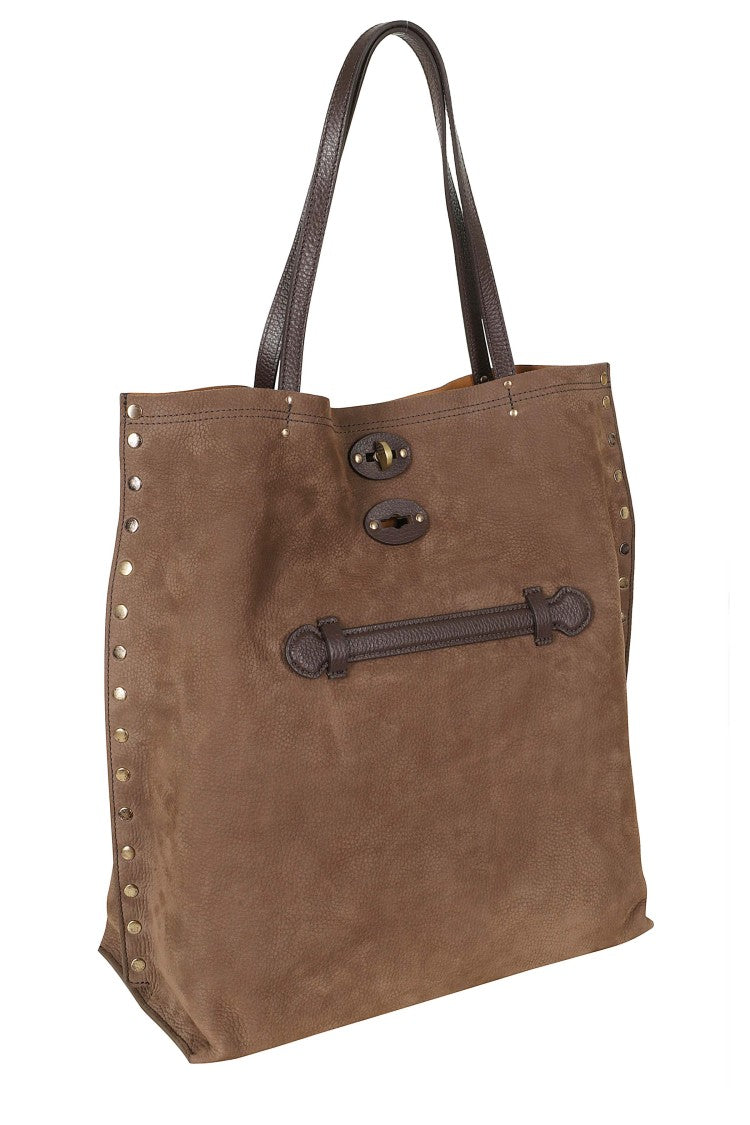 Zanellato Large Tote Handbag In Soft Nabuk Leather With Gold Studs