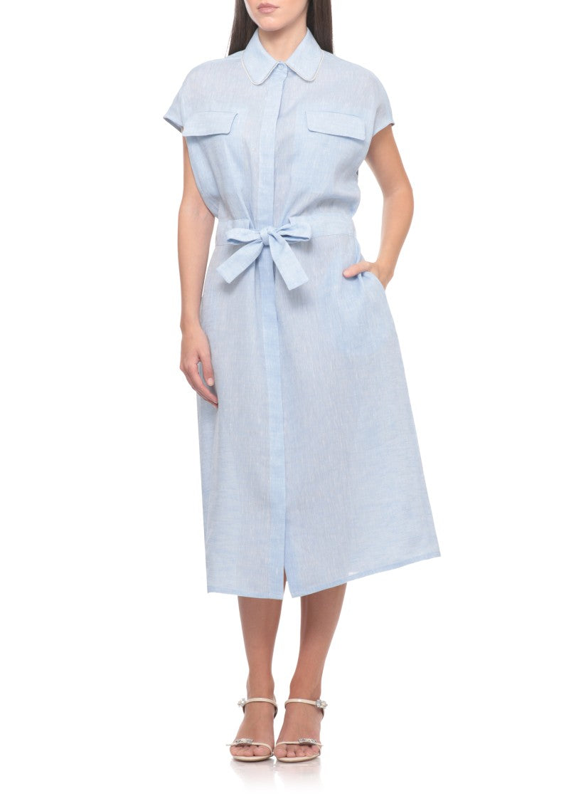 Fabiana Filippi Light Blue Linen Dress With Bright Collar Details And Waist Belt