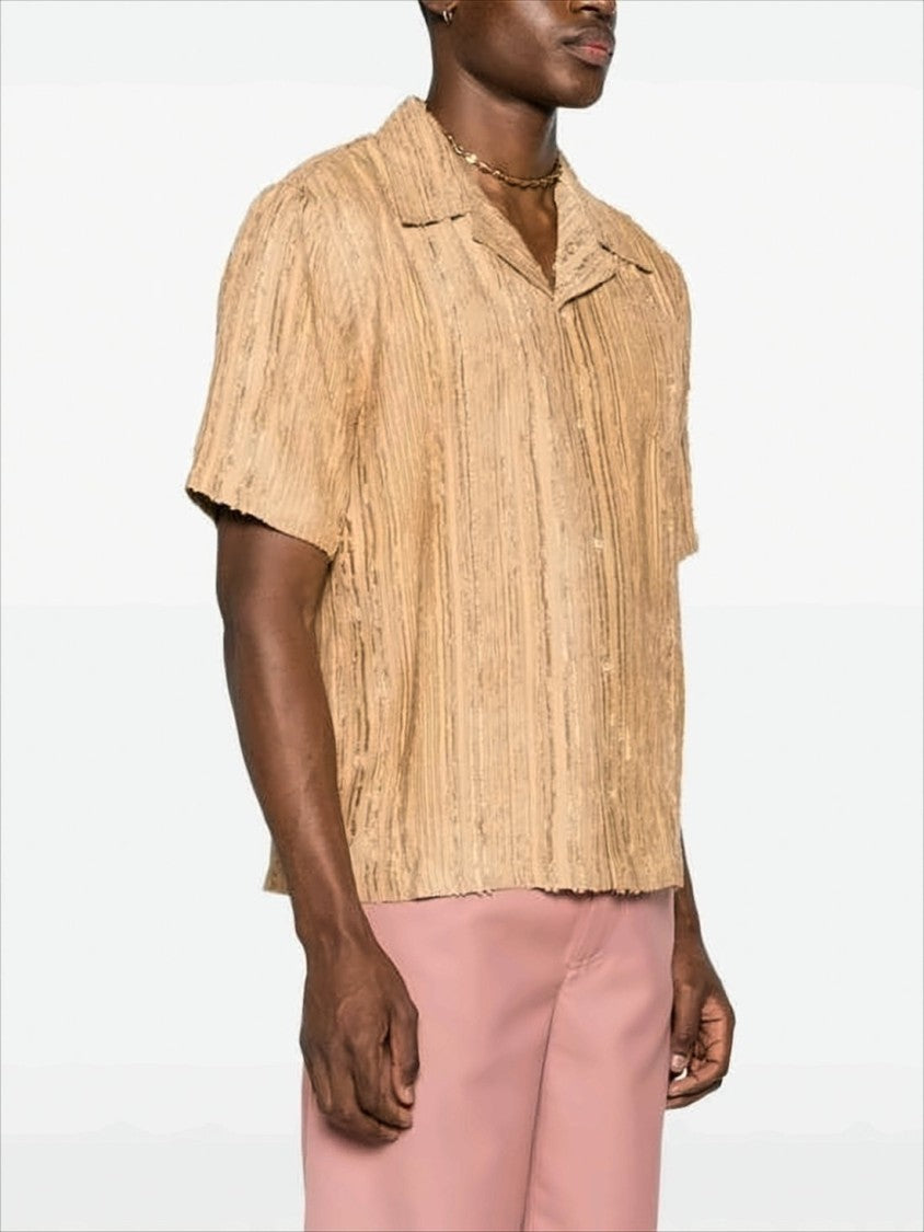 Séfr Camp Collar Short-Sleeved Shirt With Textured Vertical Stripes