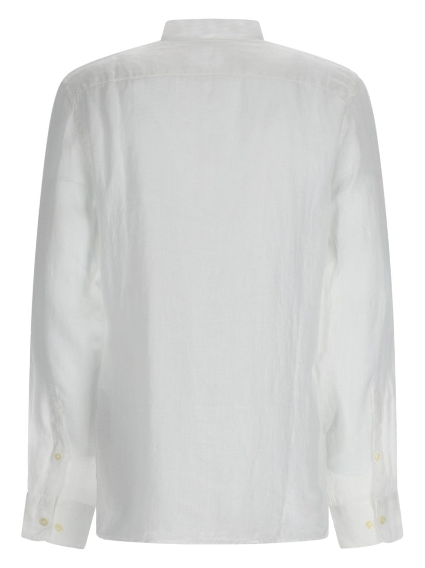 120% Lino White Mandarin Collar Linen Casual Shirt