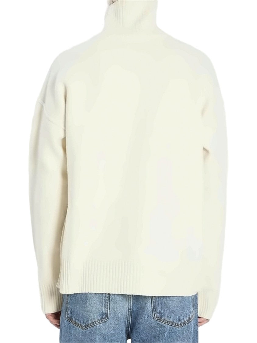 Ami Paris White Wool Turtleneck Sweater With Heart Emblem