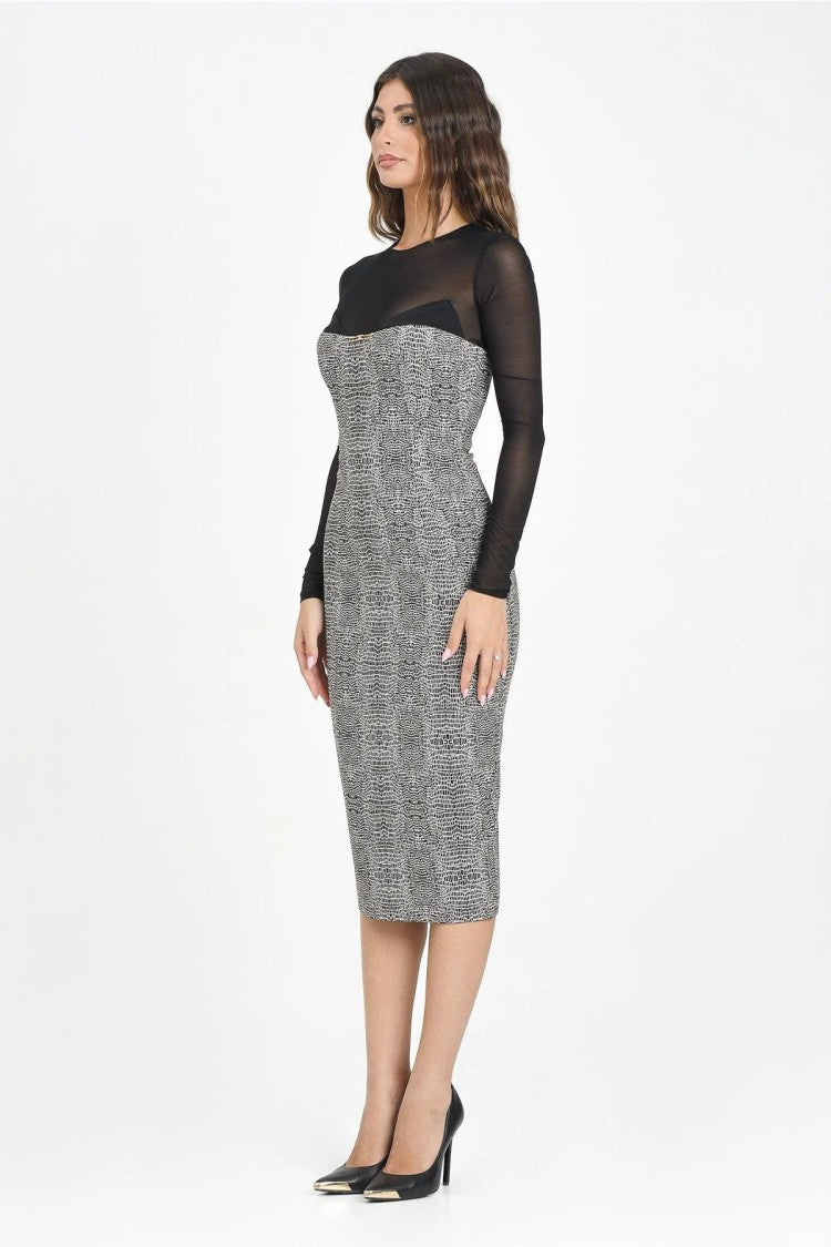 Elisabetta Franchi Grey Reptile-Print Sheer Mesh Sleeves Viscose-Blend Dress